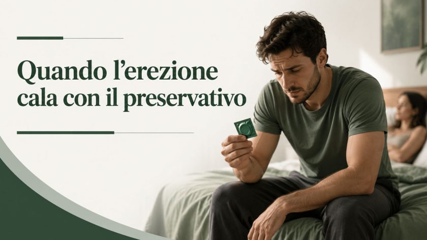 Uomo seduto sul letto con una confezione di preservativo in mano e partner sullo sfondo