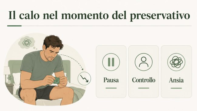 Uomo seduto sul letto con una confezione di preservativo e schede su pausa, controllo e ansia