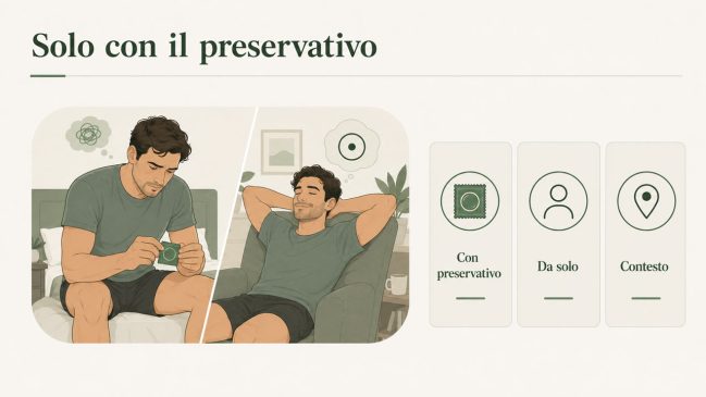 Illustrazione divisa in due scene con un uomo teso con il preservativo e rilassato in un contesto privato