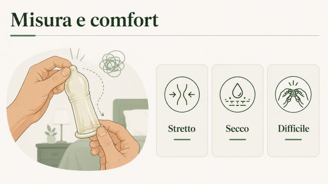 Mani che tengono un preservativo con schede su strettezza, secchezza e difficoltà d’uso