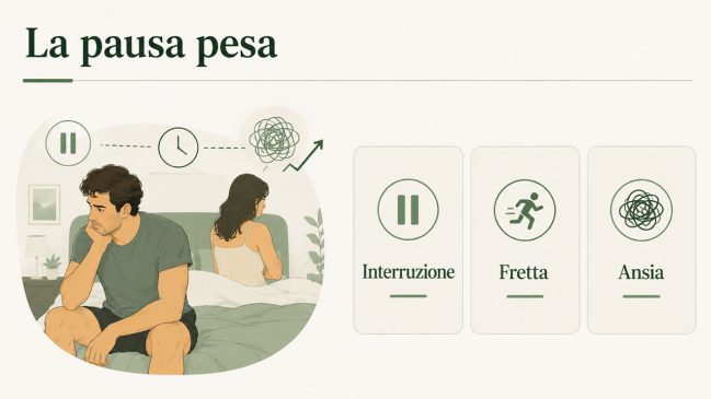 Uomo seduto sul letto con partner sullo sfondo e schede su interruzione, fretta e ansia