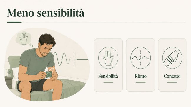 Uomo sul letto con un preservativo in mano, onde interrotte e schede su sensibilità, ritmo e contatto