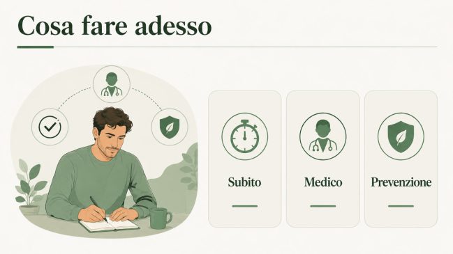 Uomo che scrive su un quaderno con icone di azione immediata, medico e prevenzione accanto a tre schede